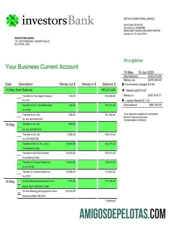 Imprimível Investors Bank Business Checking modelo de extrato de conta Word e PDF